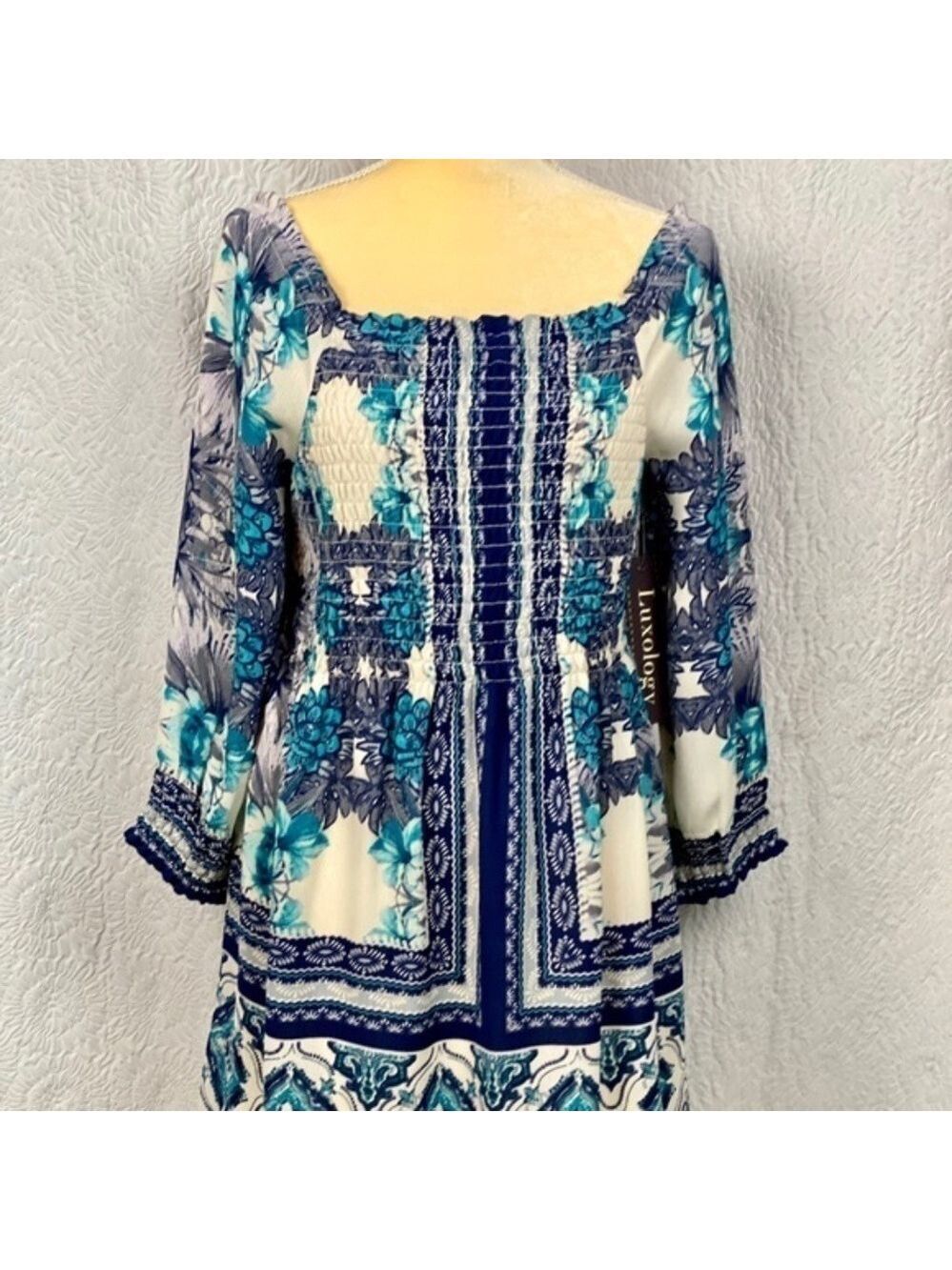 Luxology Smocked Bodice 3/4 Sleeve Midi Fit & Flare Dress - Picture 3 of 12